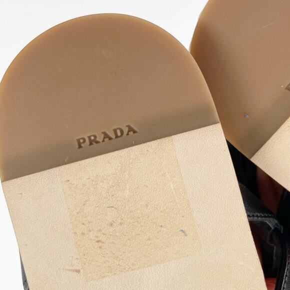 NWOB Prada Black Leather Triangle Logo Plaque Raffia Strappy Flat Sandal IT 39 - Picture 11 of 11
